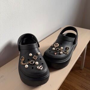 CROCS STOMP Black Clogs with Gold and Pearl Jibbitz